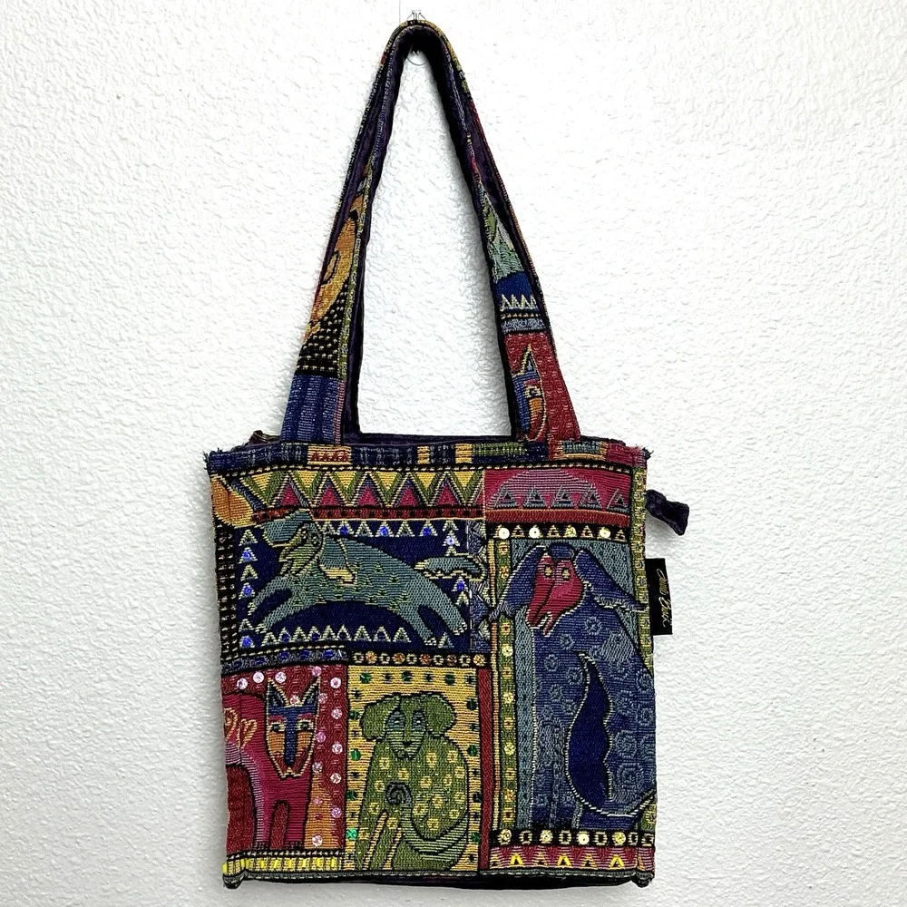 Laurel Burch Tapestry Cats Dogs Sequins Shoulder Bag‎ Purse Tote